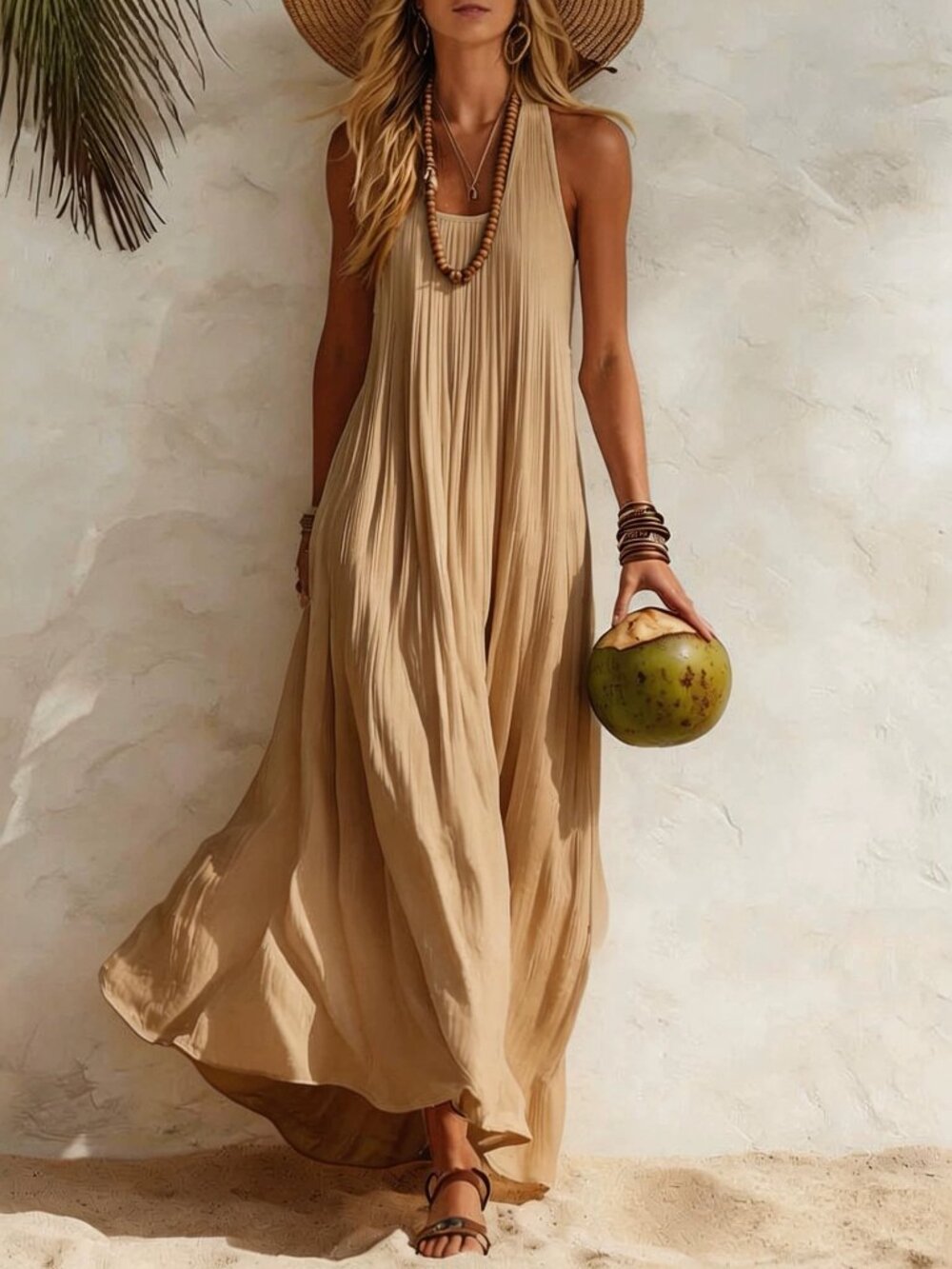 Women's Camel Sleeveless Scoop-Neck Relaxed Swing Maxi Dress